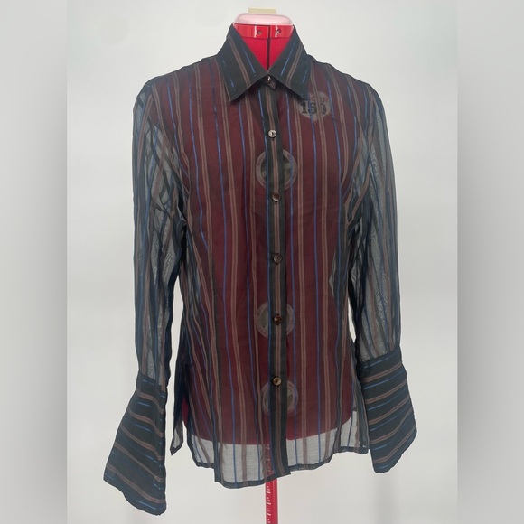 Vintage Tops - Vintage A’nue Ligne Black & Brown Sheer Striped Blouse With Flared Cuffs